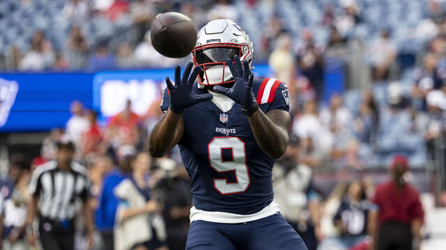 FOXBOROUGH, MASSACHUSETTS - AUGUST 13: Kayshon Boutte #9 of the New England Patriots completes a catch prior to an NFL preseason football game against the Indianapolis Colts at Gillette Stadium on August 13, 2026 in Foxborough, Massachusetts.