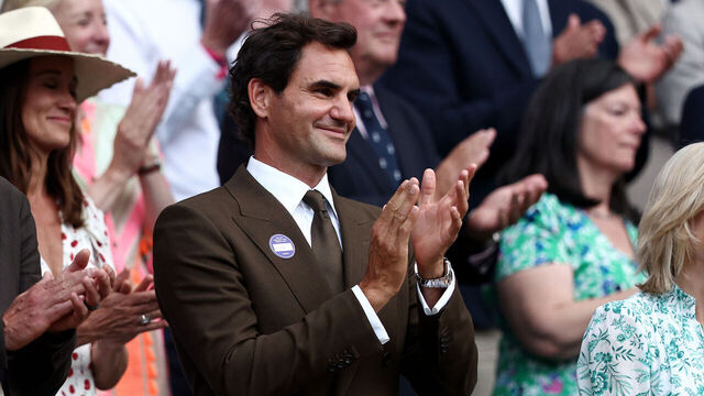 LONDON, ENGLAND - JULY 06: Former tennis player Roger Federer applauds in the Royal Box after watching Arthur Fery of Great Britain beat Grigor Dimitrov of Bulgaria in their Gentlemen's Singles fourth round match on day eight of The Championships Wimbledon 2026 at All England Lawn Tennis and Croquet Club on July 06, 2026 in London, England.
