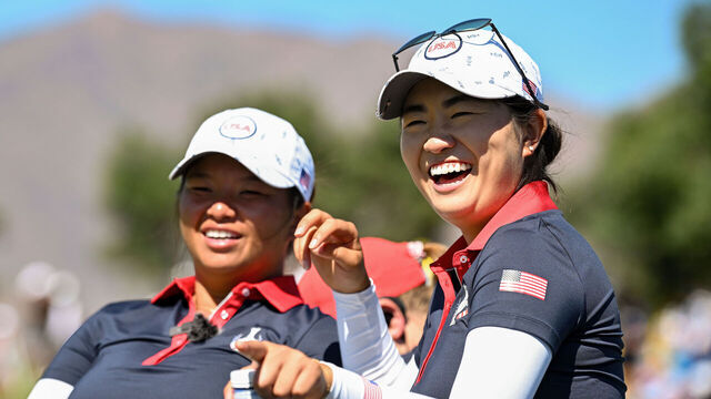 CASARES, SPAIN - SEPTEMBER 24: Megan Khang and Rose Zhang of Team USA look on during Day Three of The Solheim Cup at Finca Cortesin Golf Club on September 24, 2023 in Casares, Spain.