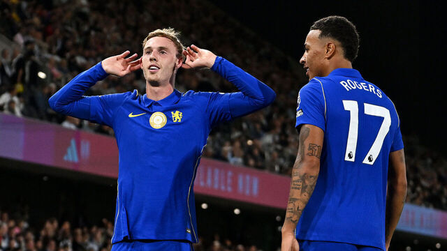 LONDON, ENGLAND - AUGUST 24: Cole Palmer of Chelsea celebrates scoring his team’s third goal with teammate Morgan Rogers during the Premier League 2026/27 match between Fulham and Chelsea FC at Craven Cottage on August 24, 2026 in London, England.