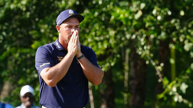 WESTFIELD, IN - AUGUST 23: LIV golfer Bryson DeChambeau reacts to missing an eagle putt on the 18th hole on August 23, 2026, during the final round of LIV Golf Indianapolis at The Club at Chatham Hills in Westfield, Indiana.