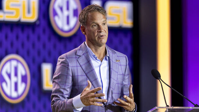 TAMPA, FLORIDA - JULY 23: Head Coach Lane Kiffin of the LSU Tigers speaks at SEC Football Kickoff Media Day at Tampa Marriott Water Street on July 23, 2026 in Tampa, Florida.