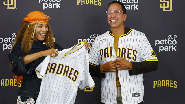 San Diego, CA - August 24: San Diego Padres owners Kwanza Jones and José E. Feliciano were introduced by the team at a news conference at Petco Park on August 24, 2026 in San Diego, CA.