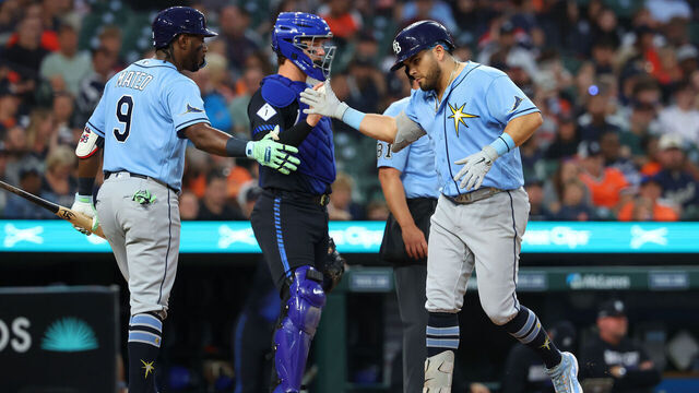 DETROIT, MICHIGAN - AUGUST 24: Jonathan Aranda #8 of the Tampa Bay Rays celebrates his sixth inning solo home run with Jorge Mateo #9 in front of Dillon Dingler #13 of the Detroit Tigers at Comerica Park on August 24, 2026 in Detroit, Michigan.