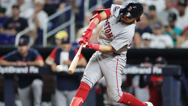 MIAMI, FLORIDA - AUGUST 24: Anthony Seigler #48 of the Boston Red Sox hits an RBI triple during the ninth inning against the Miami Marlins at loanDepot park on August 24, 2026 in Miami, Florida.