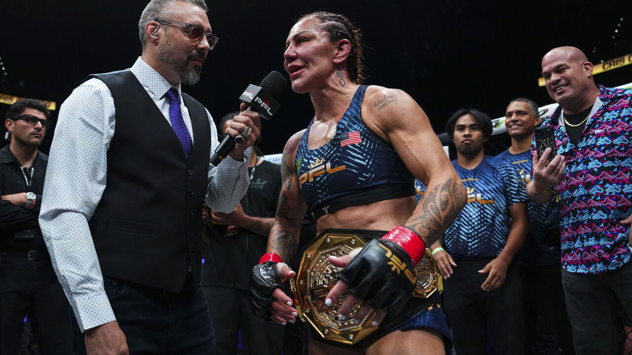 TAMPA, FL - AUGUST 22: Cris Cyborg celebrates after fighting against Ketlen Vieira during PFL Tampa at the Benchmark International Arena on August 22, 2026 in Tampa, Florida.