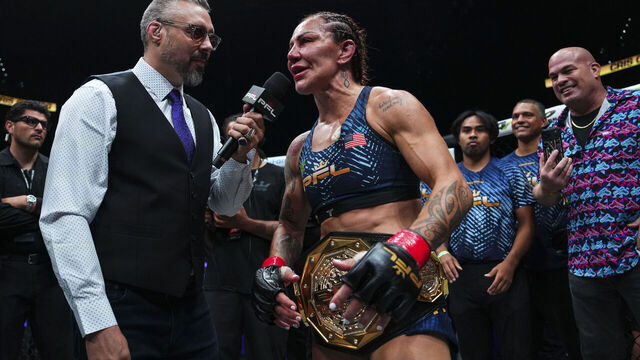 TAMPA, FL - AUGUST 22: Cris Cyborg celebrates after fighting against Ketlen Vieira during PFL Tampa at the Benchmark International Arena on August 22, 2026 in Tampa, Florida.