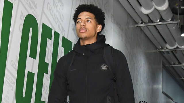 BOSTON, MA - OCTOBER 12: RJ Luis Jr. #12 of the Boston Celtics arrives to the arena before the game against the Cleveland Cavaliers during a pre-season game on October 12, 2025 at TD Garden in Boston, Massachusetts. NOTE TO USER: User expressly acknowledges and agrees that, by downloading and/or using this Photograph, user is consenting to the terms and conditions of the Getty Images License Agreement. Mandatory Copyright Notice: Copyright 2025 NBAE