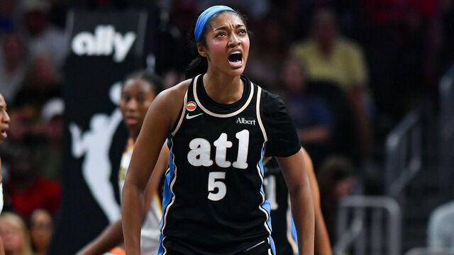 ATLANTA, GA - AUGUST 16: Angel Reese #5 of Atlanta reacts during the WNBA game between the Indiana Fever and the Atlanta Dream on August 16th, 2026 at State Farm Arena in Atlanta, GA.