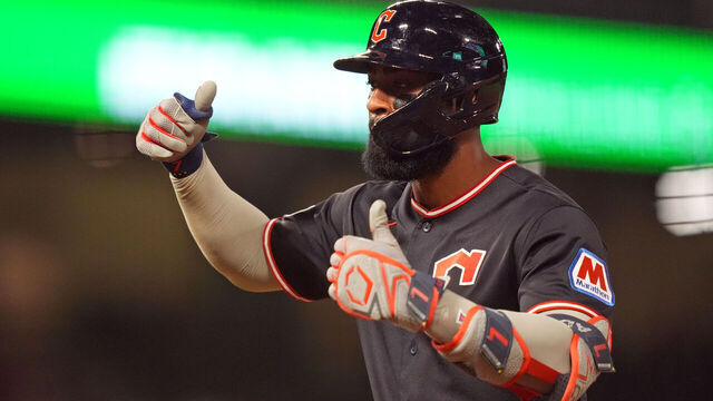 ANAHEIM, CALIFORNIA - AUGUST 24: Jo Adell #7 of the Cleveland Guardians celebrates his RBI single against the Los Angeles Angels during the fifth inning of a game at Angel Stadium of Anaheim on August 24, 2026 in Anaheim, California.