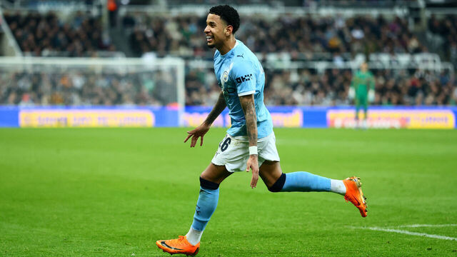 Manchester City's Brazilian midfielder #26 Savinho celebrates scoring the team's first goal during the English English FA Cup fifth round football match between Newcastle United and Manchester City at St James' Park in Newcastle-upon-Tyne, north east England on March 7, 2026. / RESTRICTED TO EDITORIAL USE. No use with unauthorized audio, video, data, fixture lists, club/league logos or 'live' services. Online in-match use limited to 120 images. An additional 40 images may be used in extra time. No video emulation. Social media in-match use limited to 120 images. An additional 40 images may be used in extra time. No use in betting publications, games or single club/league/player publications. /