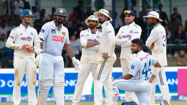 COLOMBO, SRI LANKA - AUGUST 25: Lahiru Kumara and Sonal Dinusha of Sri Lanka and Teammates of India waiting for third umpire decision during the Third day of the Second Test Match in the series between Sri Lanka and India at SSC Grounds on August 25, 2026 in Colombo, Sri Lanka.