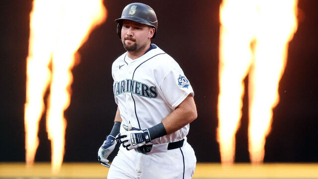 SEATTLE, WASHINGTON - AUGUST 24: Cal Raleigh #29 of the Seattle Mariners celebrates his two-run home run against the Philadelphia Phillies during the first inning at T-Mobile Park on August 24, 2026 in Seattle, Washington.