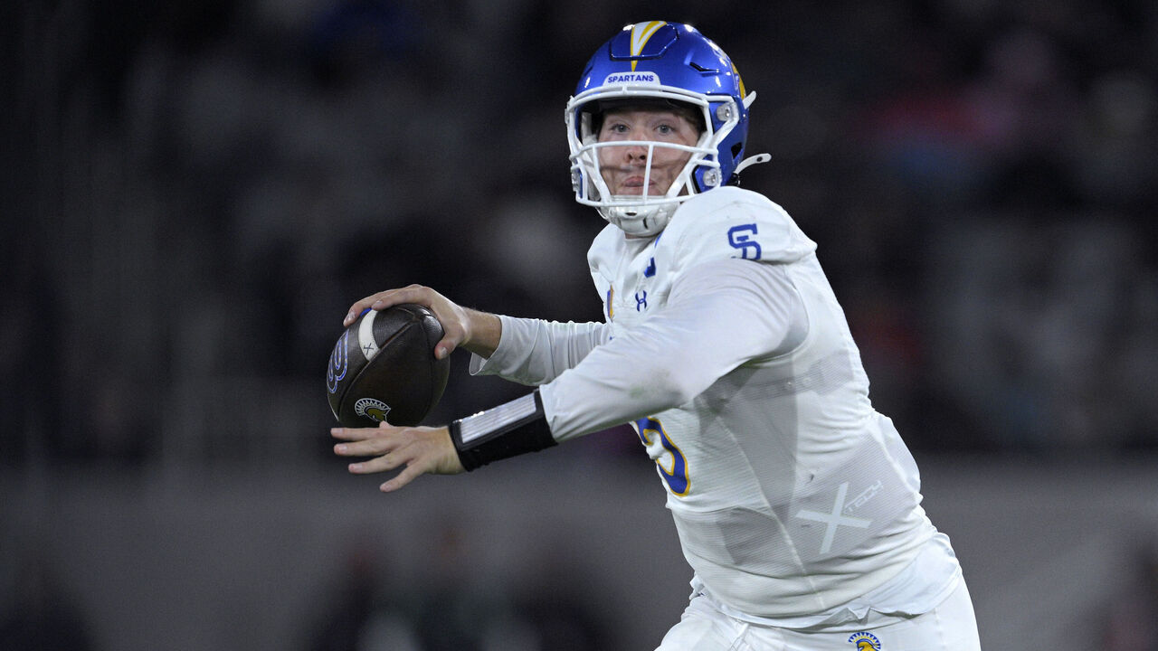 SAN DIEGO, CALIFORNIA - NOVEMBER 22: Walker Eget #5 of the San Jose State Spartans throws a pass during the first half against the San Diego State Aztecs at Snapdragon Stadium on November 22, 2025 in San Diego, California.