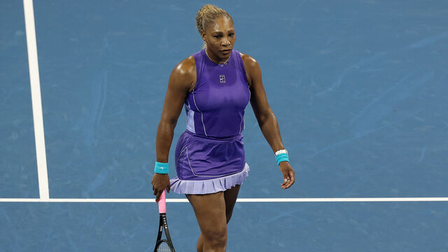 MASON, OHIO - AUGUST 17: Serena Williams of the United States walks on the court while playing Marta Kostyuk of Czechia and Peyton Stearns of the United States with Venus Williams of the United States during day seven of the Cincinnati Open at the Lindner Family Tennis Center on August 17, 2026 in Mason, Ohio.