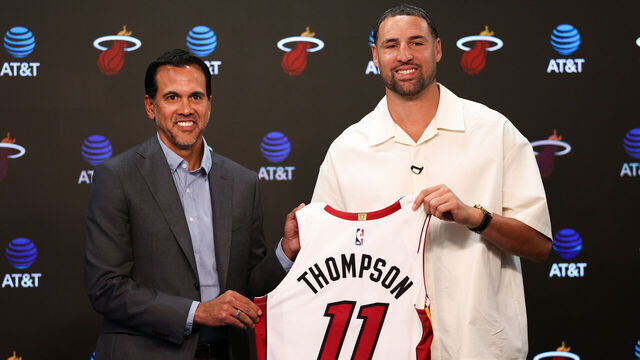 MIAMI, FLORIDA - AUGUST 25: Head coach Erik Spoelstra and Klay Thompson #11 of the Miami pose for a photo during an introductory press conference at Kaseya Center on August 25, 2026 in Miami, Florida. NOTE TO USER: User expressly acknowledges and agrees that, by downloading and/or using this Photograph, user is consenting to the terms and conditions of the Getty Images License Agreement.