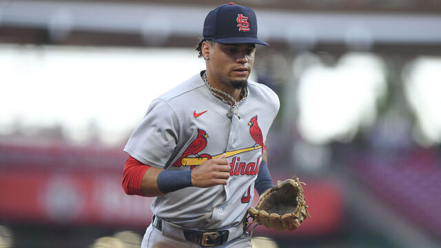 CINCINNATI, OHIO - AUGUST 18: Masyn Winn #0 of the St. Louis Cardinals runs back to the dugout after the second inning against the Cincinnati Reds at Great American Ball Park on August 18, 2026 in Cincinnati, Ohio.
