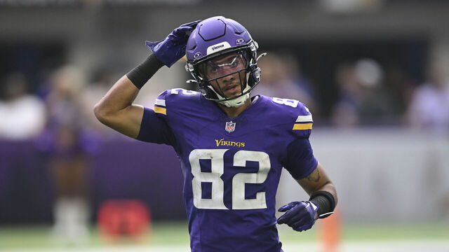 MINNEAPOLIS, MINNESOTA - AUGUST 16: Jeshaun Jones #82 of the Minnesota Vikings lines up for a play during the third quarter of the NFL Preseason 2025 game against the New England Patriots at U.S. Bank Stadium on August 16, 2025 in Minneapolis, Minnesota.