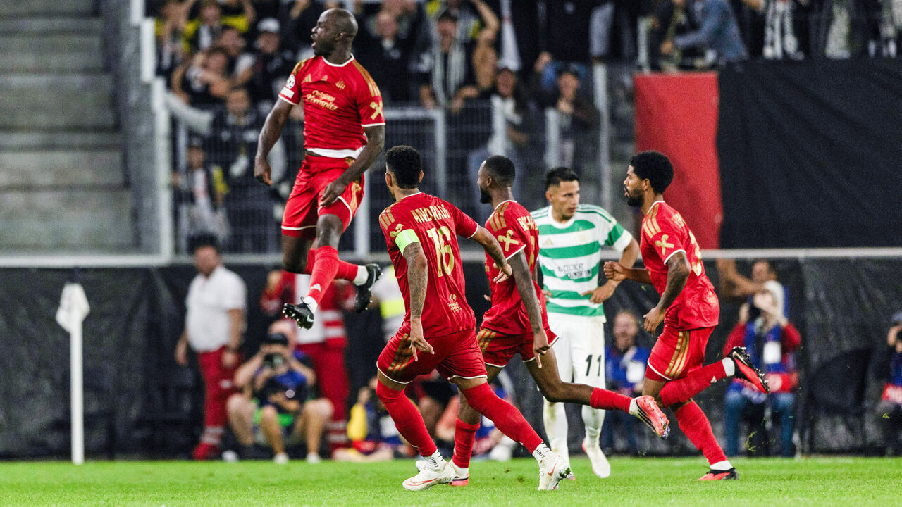 LINZ, AUSTRIA - AUGUST 25: LASK's Samuel Adeniran celebrates scoring in extra time to make it 5-1 during a UEFA Champions League Play-Off Round Second Leg match between LASK and Celtic at Oberosterreich Arena, on August 25, 2026, in Linz, Austria.