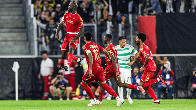 LINZ, AUSTRIA - AUGUST 25: LASK's Samuel Adeniran celebrates scoring in extra time to make it 5-1 during a UEFA Champions League Play-Off Round Second Leg match between LASK and Celtic at Oberosterreich Arena, on August 25, 2026, in Linz, Austria.