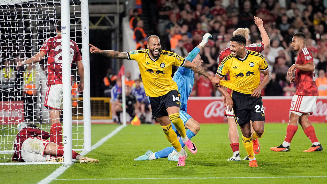 James Justin of Leeds United celebrates his goal to make it 0-2 during the Carabao Cup round 2 match between Nottingham Forest and Leeds United at City Ground in Nottingham, United Kingdom, on August 25, 2026.