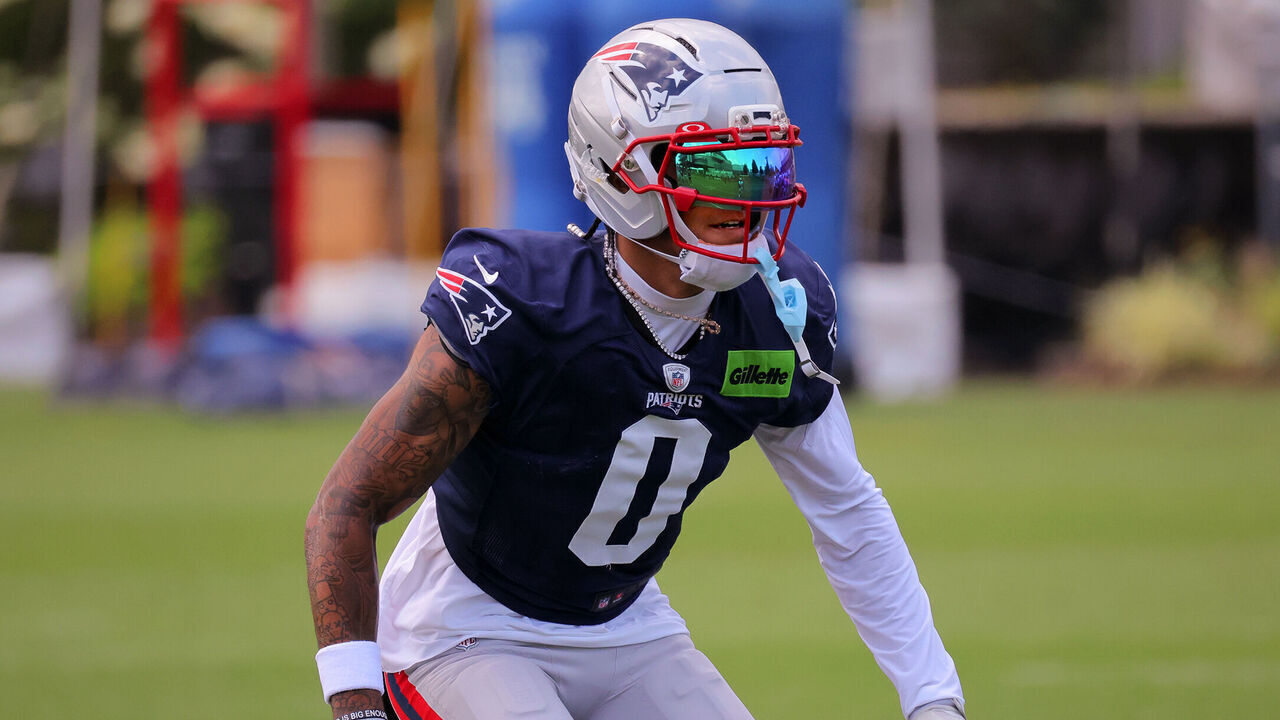 Foxborough, MA - August 6: New England Patriots cornerback Christian Gonzalez competes in a drill at training camp on August 6, 2026.