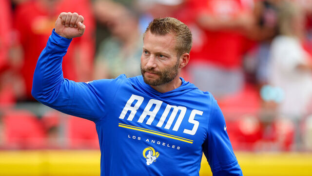KANSAS CITY, MISSOURI - AUGUST 15: Head coach Sean McVay of the Los Angeles Rams gestures to Rams fans in the stands prior to the NFL preseason game against the Kansas City Chiefs at Arrowhead Stadium on August 15, 2026 in Kansas City, Missouri.