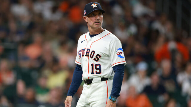 HOUSTON, TEXAS - AUGUST 22: Manager Joe Espada #19 of the Houston Astros walks to the dugout following a pitching change in the sixth inning of the game against the Athletics at Daikin Park on August 22, 2026 in Houston, Texas.
