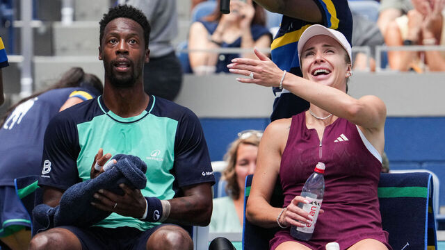 (L/R) France's Gael Monfils and Ukraine's Elina Svitolina look on during a break in their mixed doubles tennis match against Czech Republic's Katerina Siniakova and Britain's Henry Patten during Fan Week as part of the 2026 US Open tennis tournament at the USTA Billie Jean King National Tennis Center in New York, on August 25, 2026.