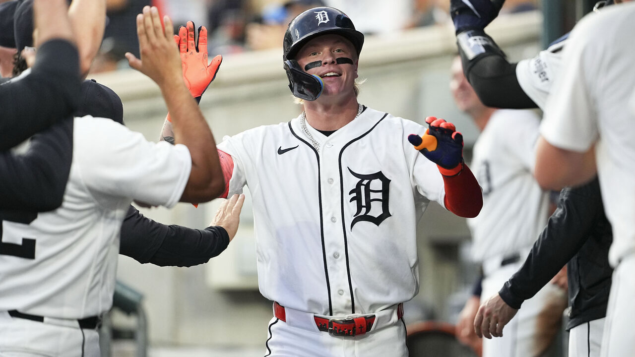 DETROIT, MI - AUGUST 25: Max Clark #15 of the Detroit Tigers high fives teammates in the dugout after hitting a two-run home run in the fifth inning during the game between the Tampa Bay Rays and the Detroit Tigers at Comerica Park on Tuesday, August 25, 2026 in Detroit, Michigan.