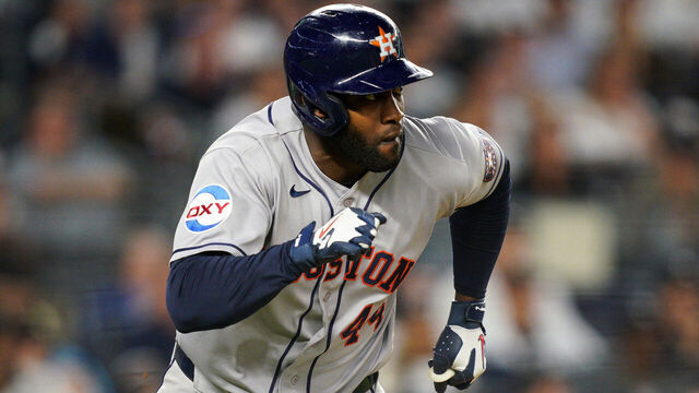 NEW YORK, NEW YORK - AUGUST 25: Yordan Alvarez #44 of the Houston Astros hits an RBI triple in the eighth inning against the New York Yankees at Yankee Stadium on August 25, 2026 in New York City.