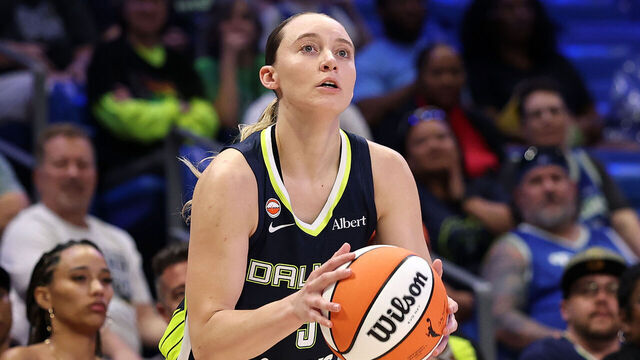 ARLINGTON, TEXAS - AUGUST 25: Paige Bueckers #5 of the Dallas Wings takes a three point shot during the second half against the Portland Fire at College Park Center on August 25, 2026 in Arlington, Texas. NOTE TO USER: User expressly acknowledges and agrees that, by downloading and or using this photograph, User is consenting to the terms and conditions of the GettyImages License Agreement.