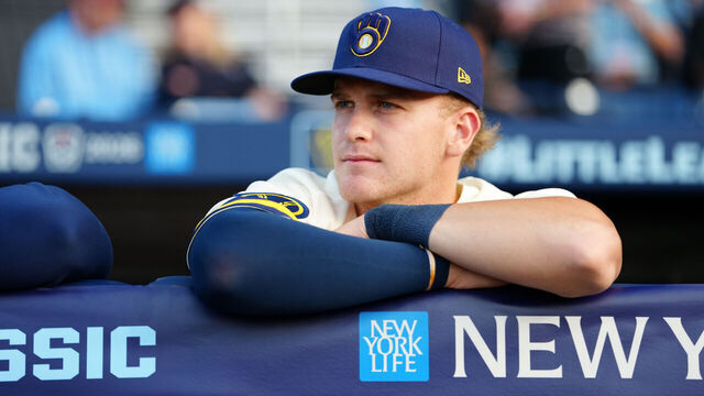 WILLIAMSPORT, PA - AUGUST 23: Cooper Pratt #12 looks on from the dugout prior to the 2026 Little League Classic presented by New York Life between the Atlanta Braves and the Milwaukee Brewers at Journey Bank Ballpark at Historic Bowman Field on Sunday, August 23, 2026 in Williamsport, Pennsylvania.