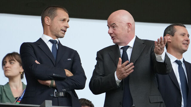 BERLIN, GERMANY - JUNE 29: UEFA President Aleksander Ceferin (L) and FIFA President Gianni Infantino attend the UEFA EURO 2024 round of 16 match between Switzerland and Italy at Olympiastadion on June 29, 2024 in Berlin, Germany.