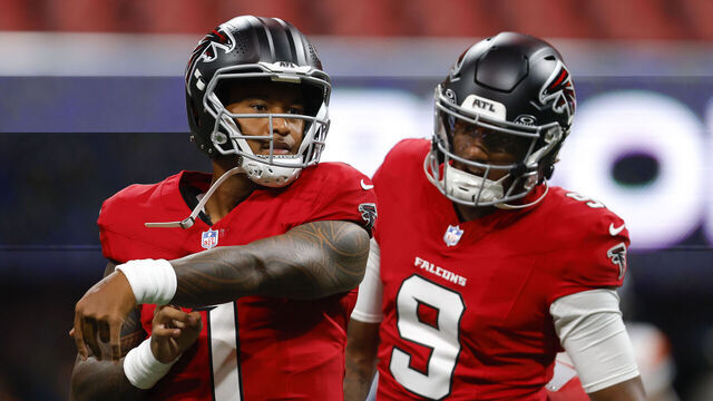 ATLANTA, GEORGIA - AUGUST 14: Tua Tagovailoa #1 of the Atlanta Falcons warms up alongside Michael Penix Jr. #9 prior to an NFL preseason game against the Denver Broncos at Mercedes-Benz Stadium on August 14, 2026 in Atlanta, Georgia.