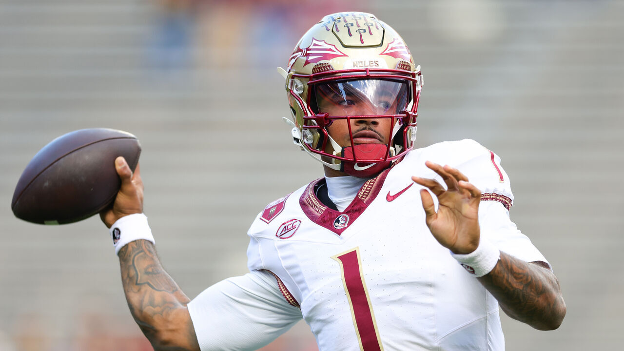 GAINESVILLE, FLORIDA - NOVEMBER 29: Tommy Castellanos #1 of the Florida State Seminoles throws a pass prior to a game against the Florida Gators at Ben Hill Griffin Stadium on November 29, 2025 in Gainesville, Florida.