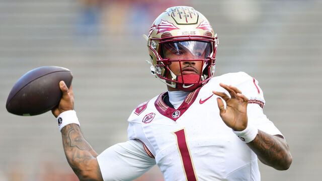 GAINESVILLE, FLORIDA - NOVEMBER 29: Tommy Castellanos #1 of the Florida State Seminoles throws a pass prior to a game against the Florida Gators at Ben Hill Griffin Stadium on November 29, 2025 in Gainesville, Florida.