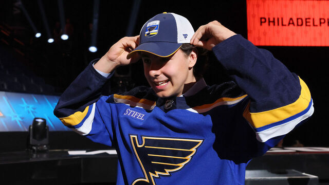 NASHVILLE, TENNESSEE - JUNE 29: Matthew Mayich celebrates after being selected 170th overall pick by the St. Louis Blues during the 2023 Upper Deck NHL Draft at Bridgestone Arena on June 29, 2023 in Nashville, Tennessee.