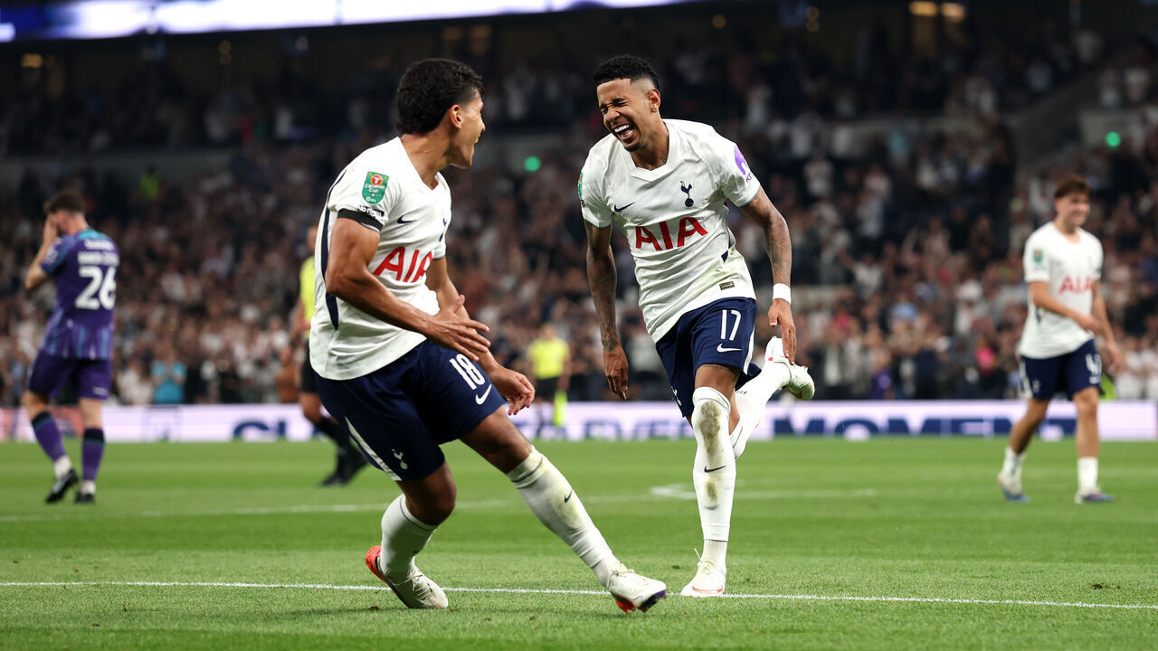 LONDON, ENGLAND - AUGUST 26: Savio and Mateus Fernandes of Tottenham Hotspur celebrate the team's fifth goal, scored by Ben Davies during the Carabao Cup Second Round match between Tottenham Hotspur and Charlton Athletic at Tottenham Hotspur Stadium on August 26, 2026 in London, England.