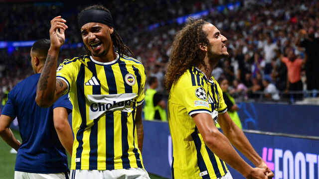 LYON, FRANCE - AUGUST 26: Matteo Guendouzi (R) and Archie Brown (L) of Fenerbahce celebrate at the end of the UEFA Champions League playoff round second-leg match between Olympique Lyon and Fenerbahce at Groupama Stadium in Lyon, France on August 26, 2026.