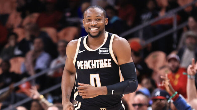 ATLANTA, GA - FEBRUARY 26: Jonathan Kuminga #0 of the Atlanta Hawks smiles during the game against the Washington Wizards on February 26, 2026 at State Farm Arena in Atlanta, Georgia. NOTE TO USER: User expressly acknowledges and agrees that, by downloading and/or using this Photograph, user is consenting to the terms and conditions of the Getty Images License Agreement. Mandatory Copyright Notice: Copyright 2026 NBAE