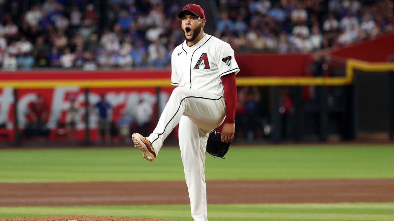 PHOENIX, ARIZONA - AUGUST 26: Starting pitcher Eduardo Rodriguez #57 of the Arizona Diamondbacks reacts after striking out Nico Hoerner #2 of the Chicago Cubs for the final out of the sixth inning at Chase Field on August 26, 2026 in Phoenix, Arizona.