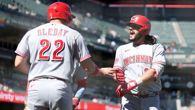 SAN FRANCISCO, CALIFORNIA - AUGUST 26: Eugenio Suárez #28 of the Cincinnati Reds is congratulated by JJ Bleday #22 after he hit a grand slam home run against the San Francisco Giants in the ninth inning at Oracle Park on August 26, 2026 in San Francisco, California.