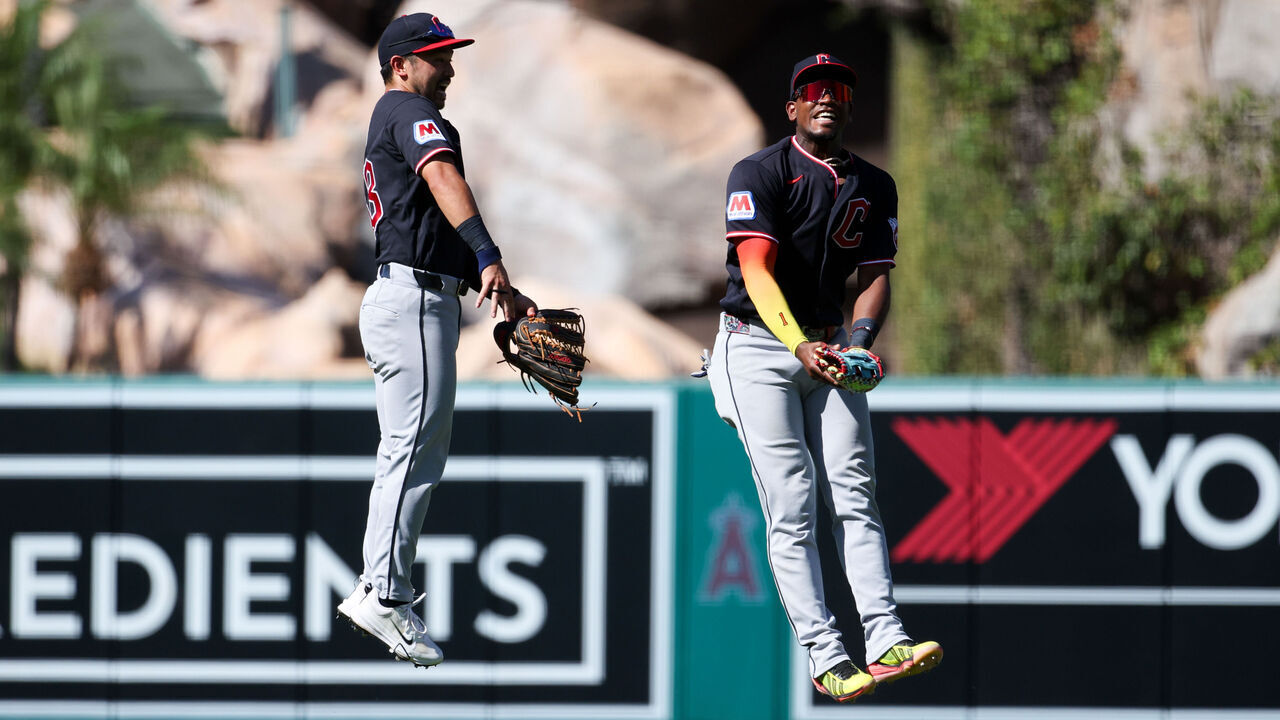 ANAHEIM, CA - AUGUST 26: Steven Kwan #38 of the Cleveland Guardians and Angel Martínez #1 celebrate after the Guardians defeated the Los Angeles Angels at Angel Stadium of Anaheim on Wednesday, August 26, 2026 in Anaheim, California.