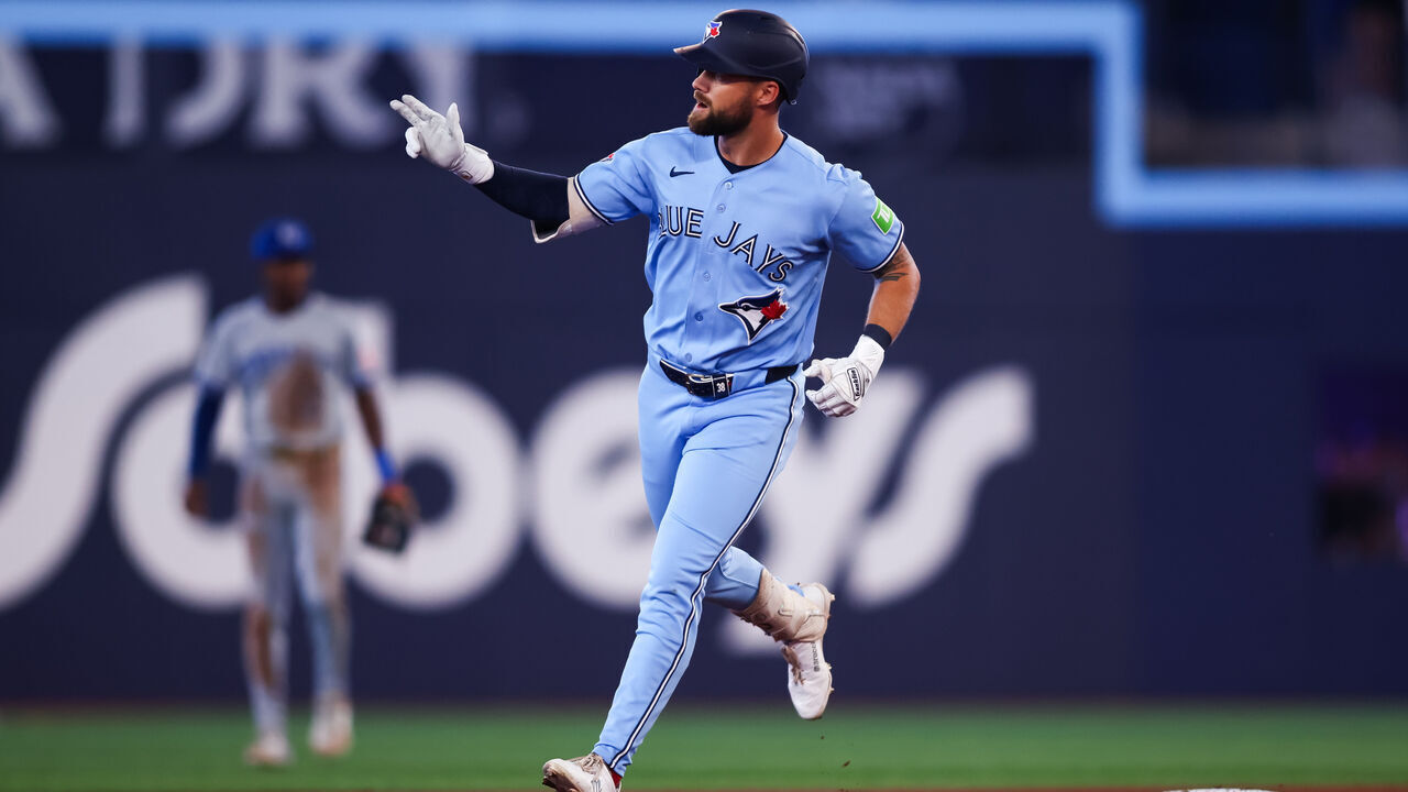 TORONTO, CANADA - AUGUST 26: Nathan Lukes #38 of the Toronto Blue Jays rounds the bases on his three-run home run in the fourth inning of their MLB game against the Kansas City Royals at Rogers Centre on August 26, 2026 in Toronto, Ontario, Canada.