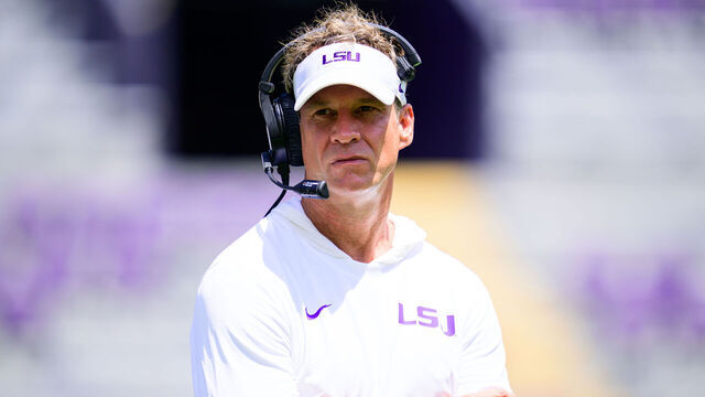 BATON ROUGE, LOUISIANA - AUGUST 22: Head coach Lane Kiffin of the LSU Tigers in action during fall practice at Tiger Stadium on August 22, 2026 in Baton Rouge, Louisiana.