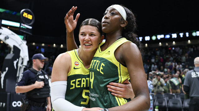 SEATTLE, WASHINGTON - AUGUST 26: Jade Melbourne #5 and Flau'jae Johnson #4 of the Seattle Storm celebrate beating the Toronto Tempo 90-78 at Climate Pledge Arena on August 26, 2026 in Seattle, Washington.