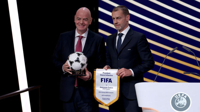 BRUSSELS, BELGIUM - FEBRUARY 12: Gianni Infantino, President of FIFA, and Aleksander Ceferin, UEFA President, pose for a photo during the 50th UEFA Ordinary Congress Meeting at Brussels Expo on February 12, 2026 in Brussels, Belgium.