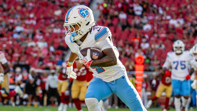 SANTA CLARA, CA - AUGUST 13: Wan'Dale Robinson #4 of the Tennessee Titans runs with the ball during a preseason NFL game against the San Francisco 49ers on August 13, 2026 at Levi's Stadium in Santa Clara, CA.