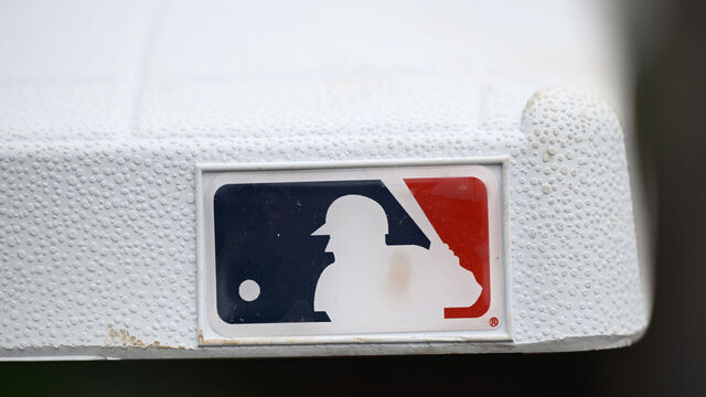 SAN FRANCISCO, CALIFORNIA - JUNE 26: The MLB logo is seen on a base before the San Francisco Giants play the Atlanta Braves at Oracle Park on June 26, 2026 in San Francisco, California.